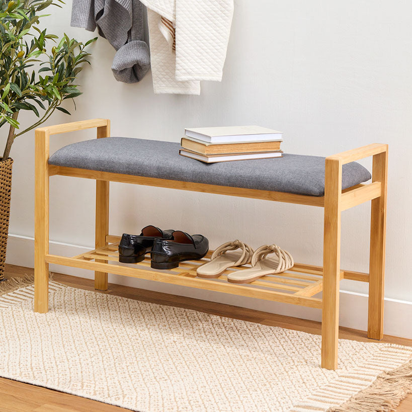 Entryway Bamboo Bench with Shoe Shelf and Polyester Cushion