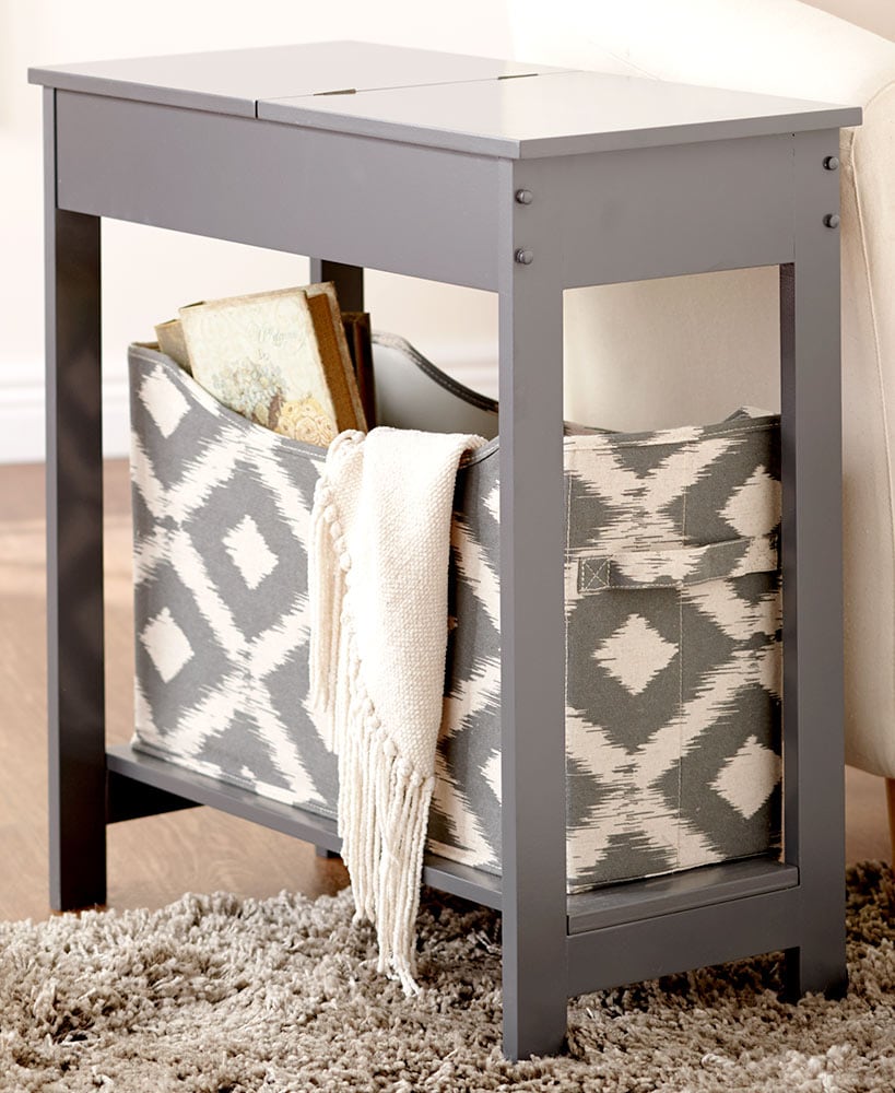 Narrow Wood Side Table with Flip-Top and Fabric Storage Bin