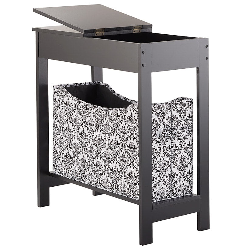 Narrow Wood Side Table with Flip-Top and Fabric Storage Bin