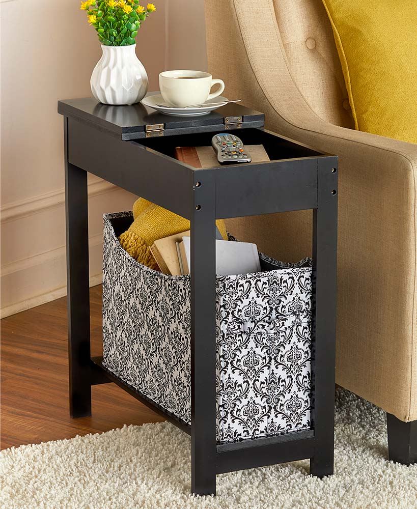 Narrow Wood Side Table with Flip-Top and Fabric Storage Bin