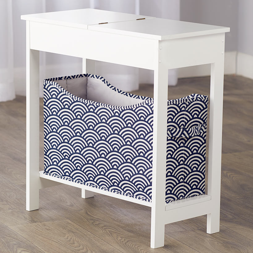 Narrow Wood Side Table with Flip-Top and Fabric Storage Bin