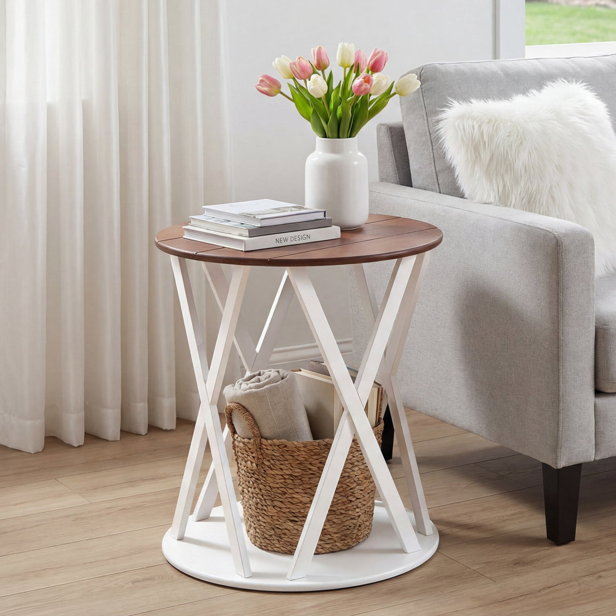 Round Two Tone Rustic Style Accent Table 19" Dia x 21.5"H