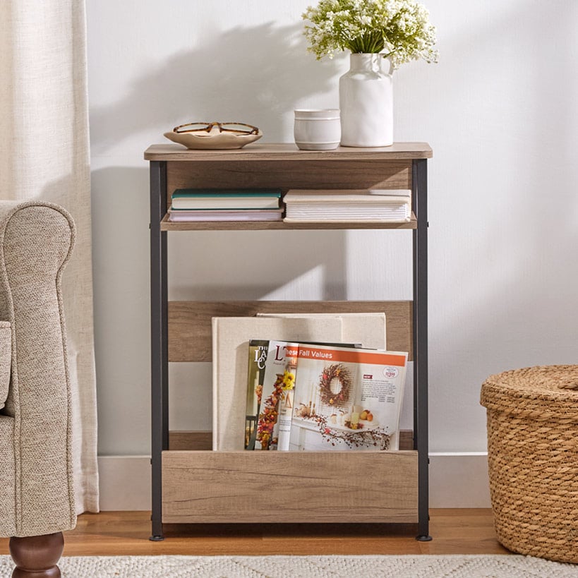Narrow End Table with Shelf and Magazine Holder - 24"H